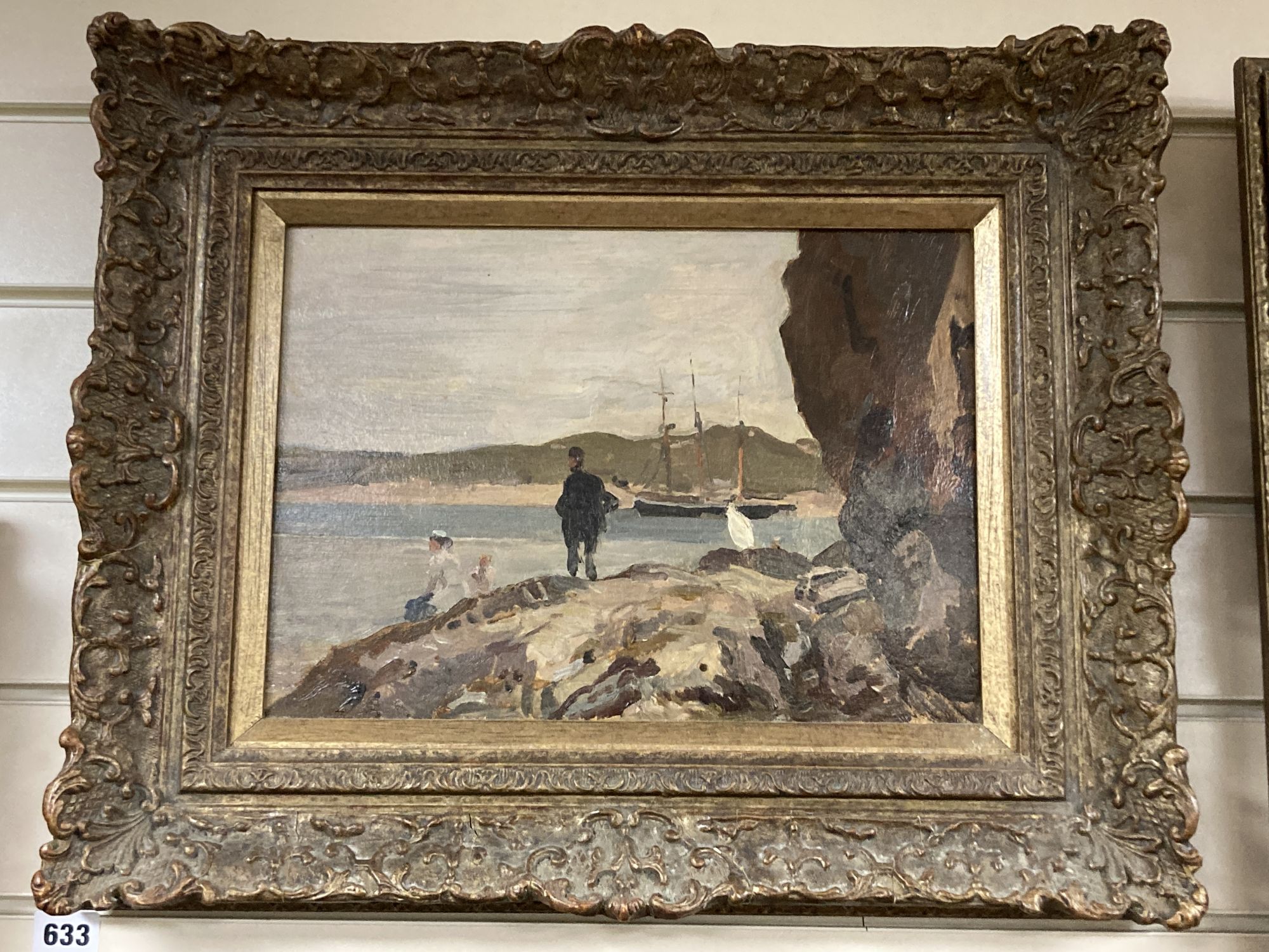 Attributed to Walter Bayes (1869-1956), oil on board, Figures on the shore, a three master beyond, 25 x 34cm